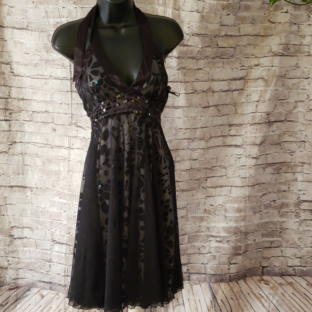 New Years Eve Black Halter overlay dress tie neck